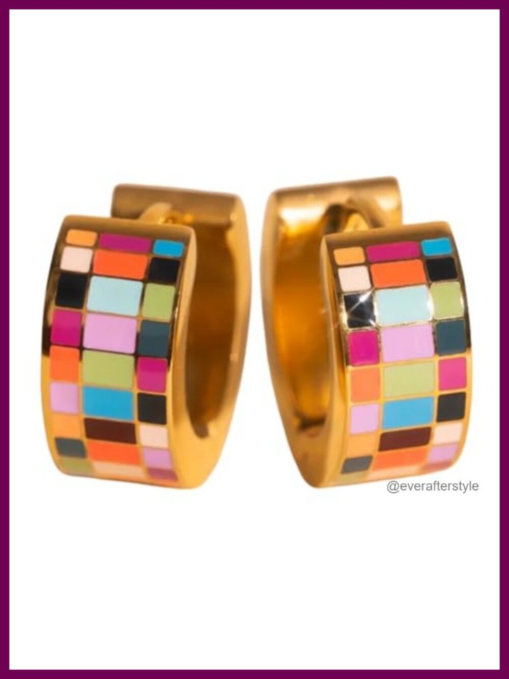Huggie Hoop Earrings for Women, Checkered Enamel, 316L Stainless Steel with 18k